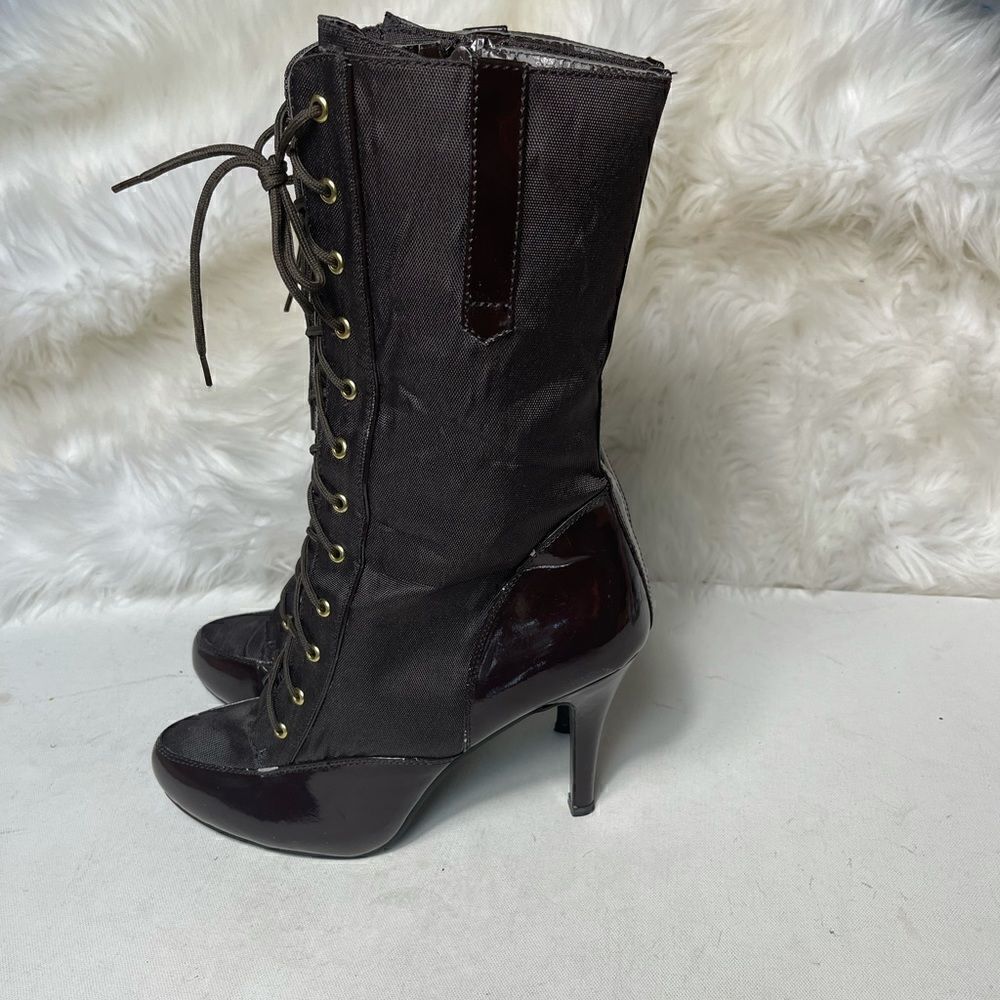 Herstyle brown lace up boots heels nylon and faux leather size 10